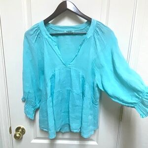 Meo Meli Linen Teal Babydoll Peasant Blouse Boho Feminine V-Neck Balloon Sleeve